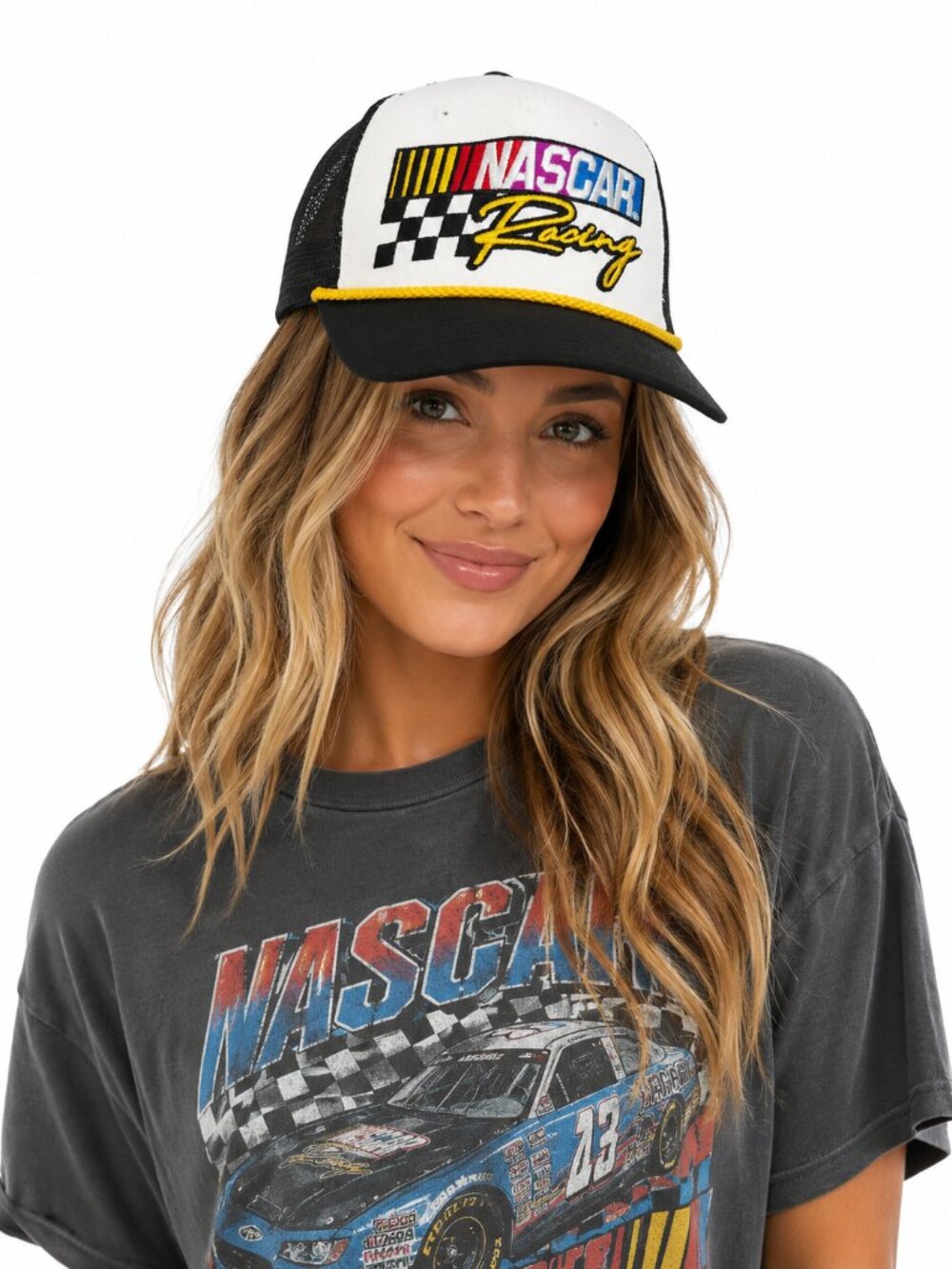 NASCAR Racing Rope Trucker Hat NWT Black White Mesh Snapback Vintage Style Cap